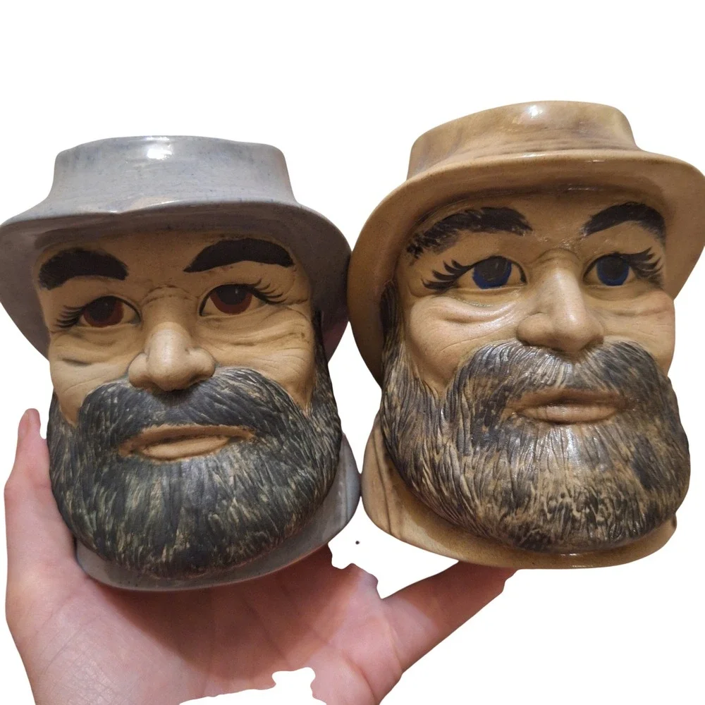 Vintage Fisherman Face Head Mug Fish Handle Ceramic Hand Painted Coffee Tea Cups